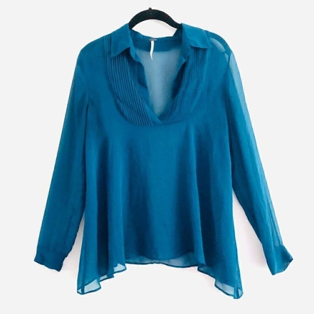 Free People Blouse XS Georgette Sheer Pleated Bib Topaz Blue Boho Chic Trendy